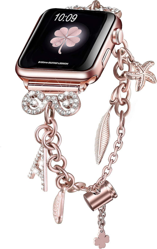 Bling Bands Compatible with Apple Watch Bands 38Mm 40Mm 41Mm 42Mm 44Mm 45Mm 46Mm 49Mm Iwatch Series 10/9/Ultra/Se/8/7/6/5/4/3/2/1, Women'S Interchangeable Charms Adjustable Bracelet
